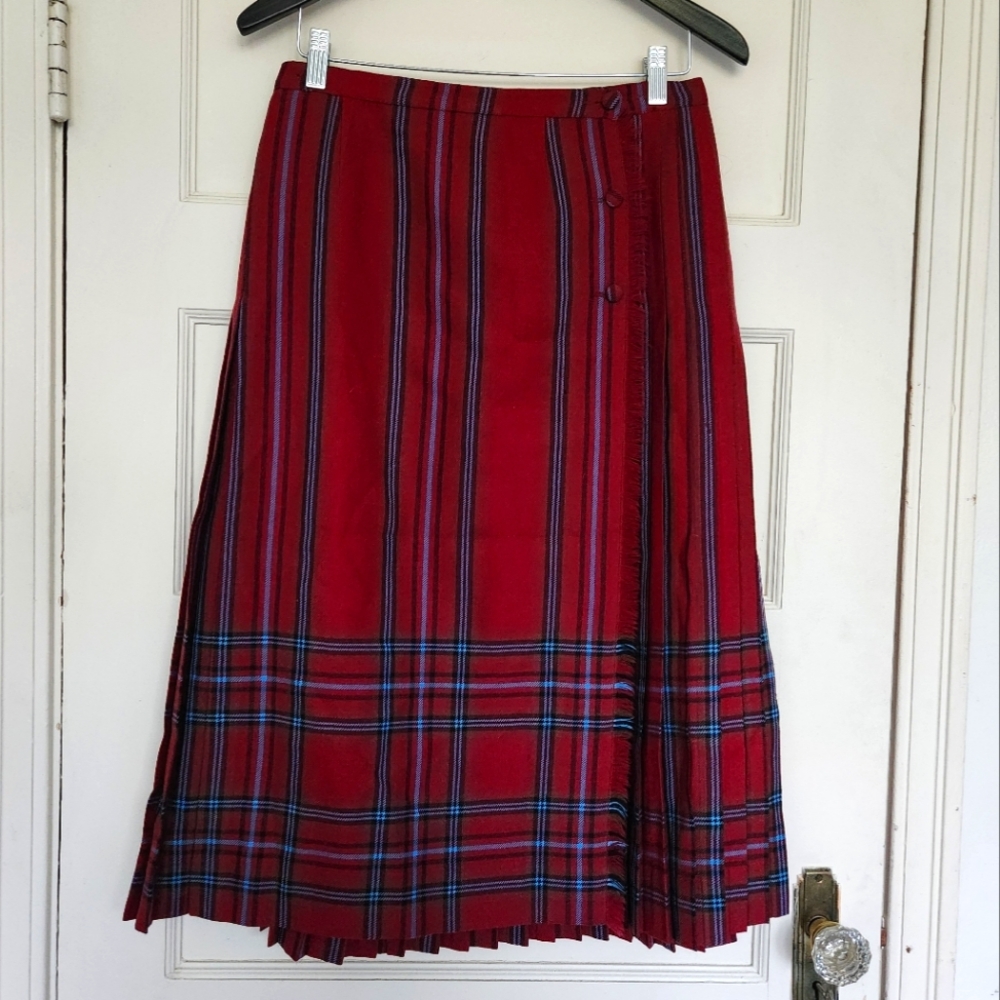 Vintage Wool Wrap Skirt Burgundy Blue Medium